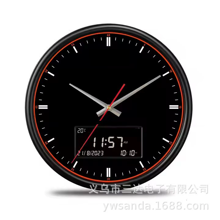 FAJ-360 черный круглый настенный аккумуляторный USB-часы с черным экраном, двойное использование, календарь, цифровые часы