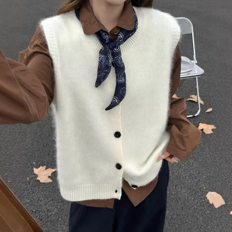 Cashmere and Wool Blend Fleece Sleeveless Cardigan Women's Round Neck Layered Vest Autumn and Winter New Slim-Fit Vest