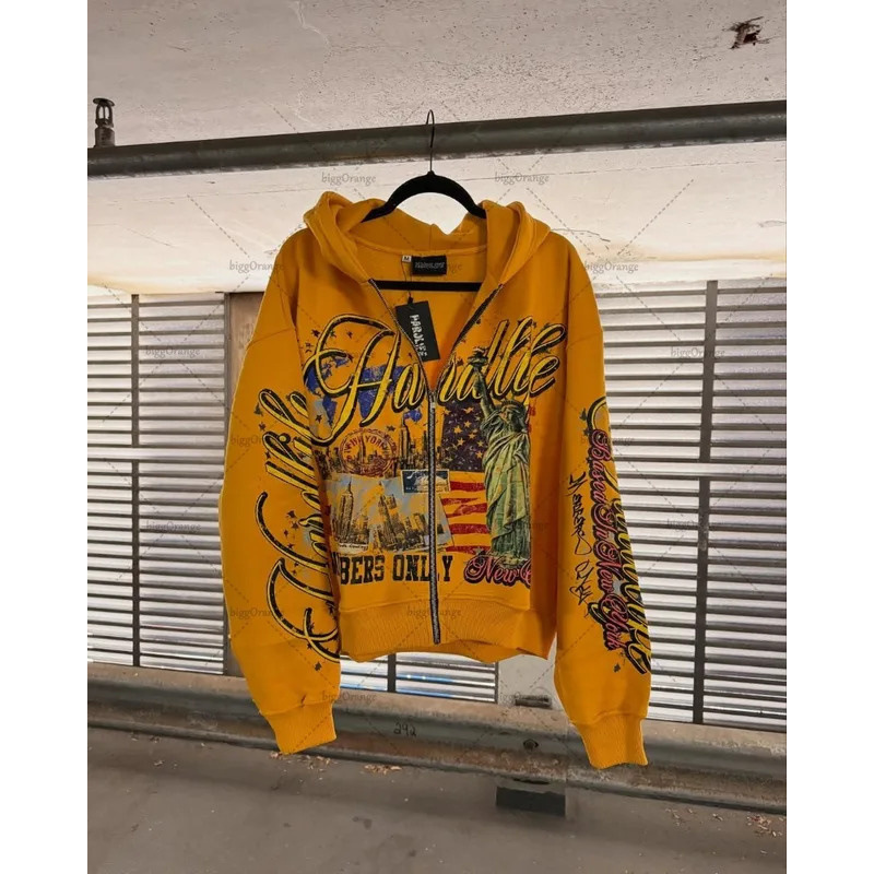 Trendy Hip-Hop Y2K Streetwear American Retro Letter Hooded Cardigan Printed Loose Sports Harajuku Style Sweatshirt