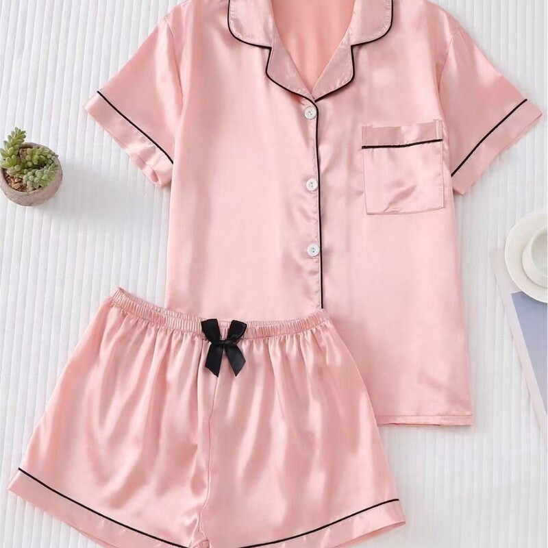 European and American Style Summer Thin Casual Pajamas for Women, Imitation Silk Soft Shorts, Short Long Lapel Loungewear