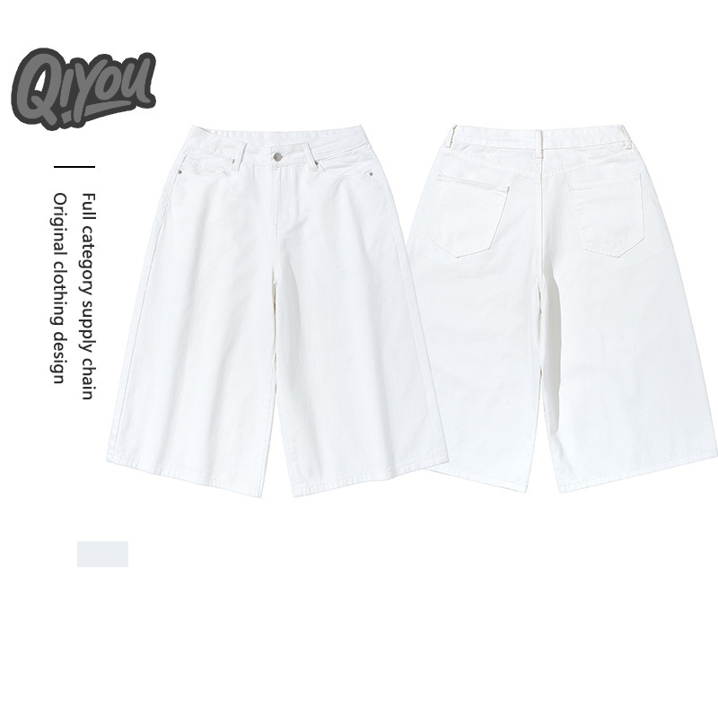 Qiyou 2025 Summer New Retro Simple White Loose Straight Casual Shorts Pure Cotton Cropped Pants for Men and Women Qiyou 2025 Summer New Retro Simple White Loose Straight Casual Shorts Pure Cotton Cropped Pants for Men and Women