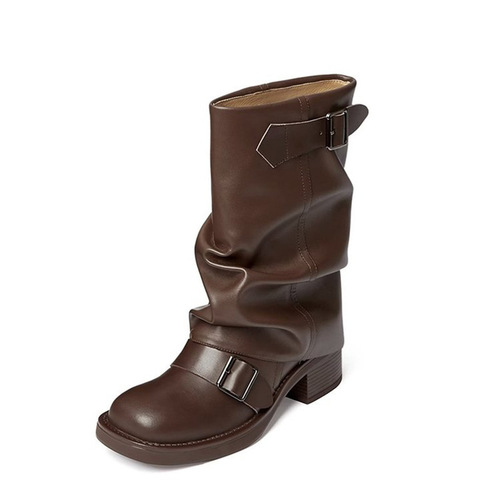 Retro Brown American Western Cowboy Boots Women's 2024 New Autumn Small Thin Thick Heel Stacked Short Boots