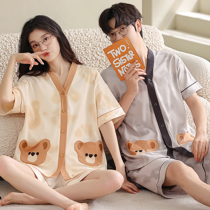 Sommarpar kofta i ren bomull kortärmade shorts pyjamas student tecknad söt män kvinnor vår och sommar_voghion.com