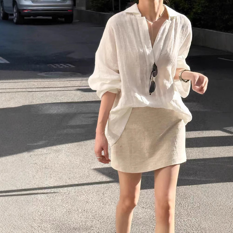 Japanese-Style Artistic White Linen Shirt for Women 2025 Summer New Niche Fashion Unique Simple Commuter Sun Protection Top Japanese-Style Artistic White Linen Shirt for Women 2025 Summer New Niche Fashion Unique Simple Commuter Sun Protection Top