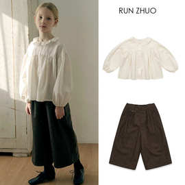 现货 2025秋冬LOU新款ins洋气女童全棉对丝灯笼袖上衣+阔腿裤童装