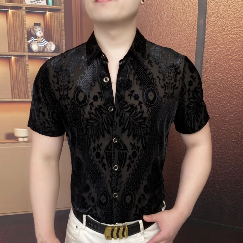 European Summer New Men's Lapel Velvet Jacquard Cut Out Short-Sleeved Shirt Fashionable Slim Stretch Men's Tops European Summer New Men's Lapel Velvet Jacquard Cut Out Short-Sleeved Shirt Fashionable Slim Stretch Men's Tops