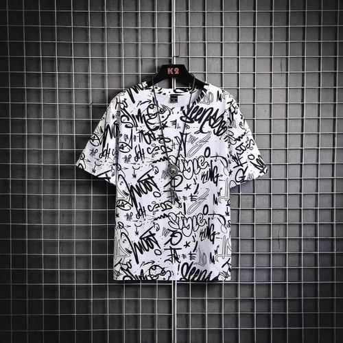 Summer Men's Short Sleeve Fully Printed Ice Silk High-End T-Shirt Large Size Trend Brand Loose Round Neck Top for Drop Shipping Wholesale