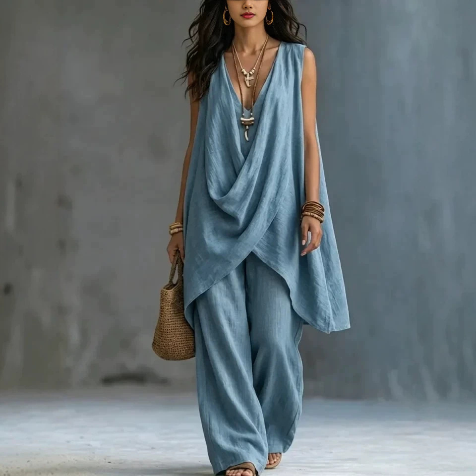 Women's Sleeveless Stand Collar Solid Color Cotton Linen Suit Elegant Loose Resort Style Spring Summer_ecoleips.com