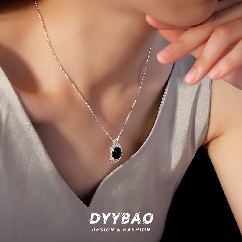 S Pure Silver Black Agate Pendant Round Bead Necklace Women with Minimalist and Unique Design, Versatile Collar_voghion.com