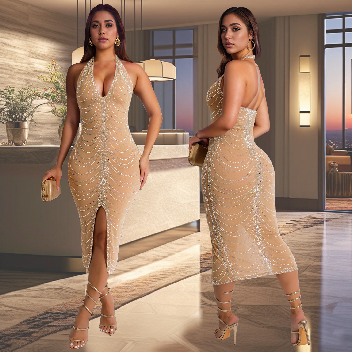 C7095 Aliexpress transfronterizo amazon ropa de moda europea y americana de mujer caliente delgada sexy bolsa de cadera vestido largo