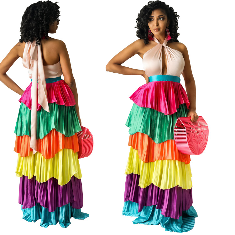 Multi-Color Pleated Stitching Tiered Dress NSCYW108895