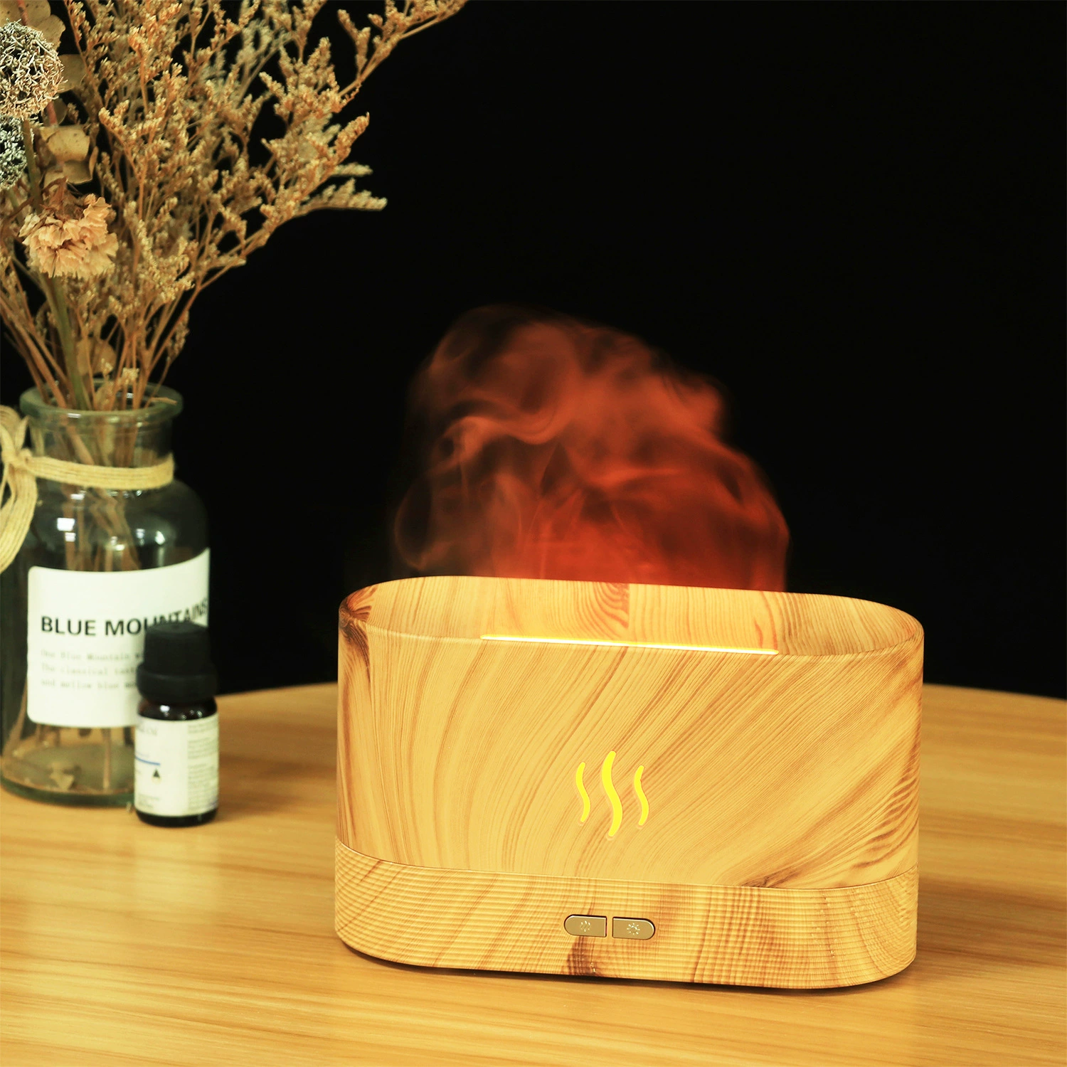 Увлажнитель с имитацией пламени может добавлять эфирное масло, древесную ароматерапию, машину для домашнего офиса, стола, умную защиту от отключения питания, креативную защиту