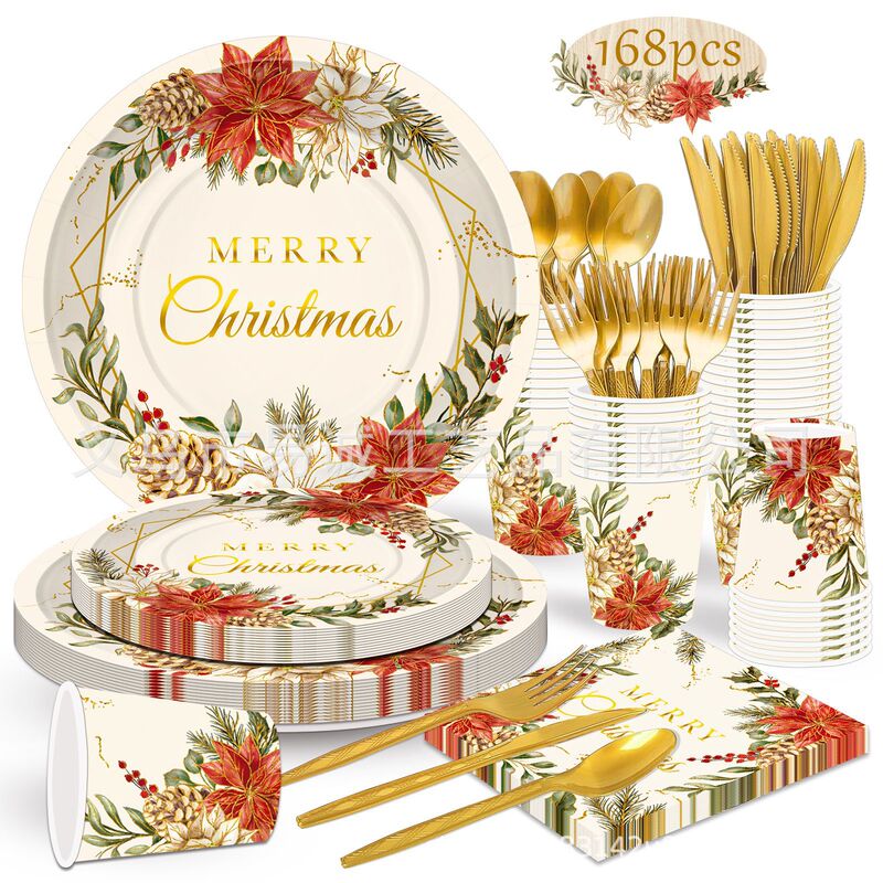 Retro Floral Christmas Theme Party Tableware Festive Party Tableware Paper Plates Paper Cups Paper Towels Disposable Cutlery