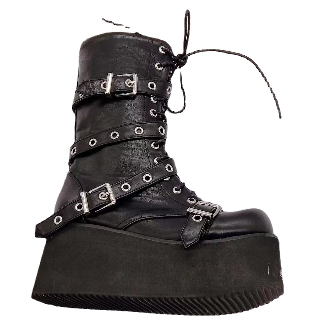 Botas cortas con plataforma y tira lateral con hebilla de cinturón punk para mujer, talla grande 43, botas de talla grande para mujer_voghion.com