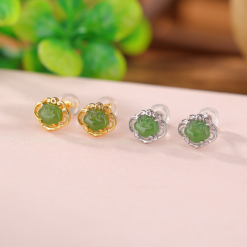 Bông tai bạc S925 đính ngọc Hetian tự nhiên hình Như Ý rỗng — Mẫu bạc
