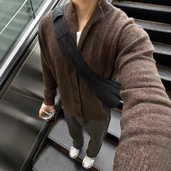 老钱风咖色混纺半高领毛衣开衫男款秋季高级感cleanfit针织衫外套