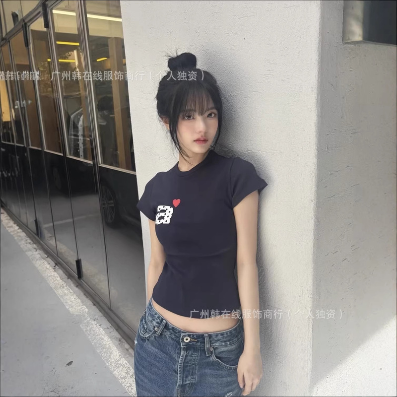 Korean Niche Fashion Brand Aeae Heart-Shaped Polka Dot a Letter Print Round Neck Short Slim-Fit Short-Sleeve T-Shirt Regular Shoulder Top