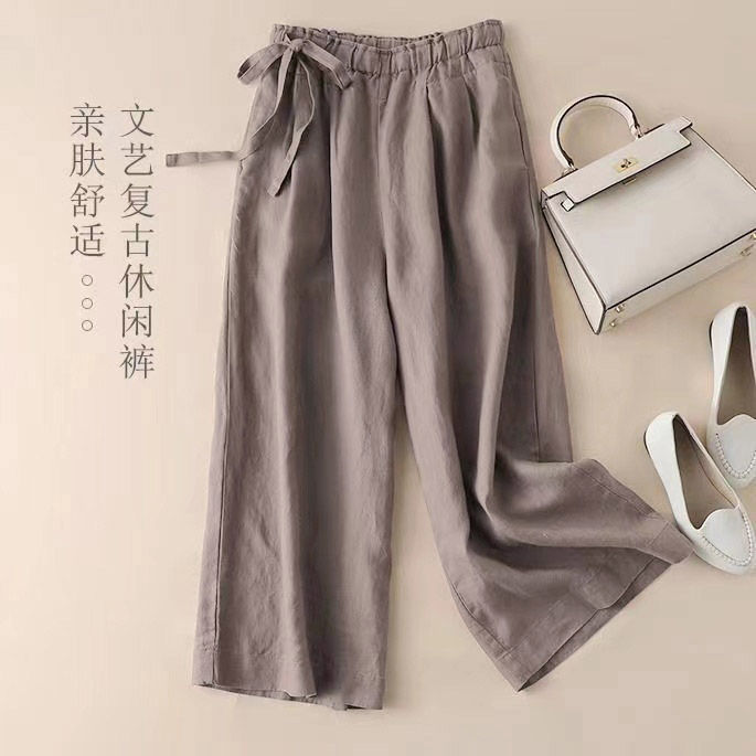 Cropped Wide-leg Pants Women's Summer High Waist Cotton 95 Elastoic Thin Side Lace-up Casual Pants Women's Season Vintage Artistic Cotton and Linen