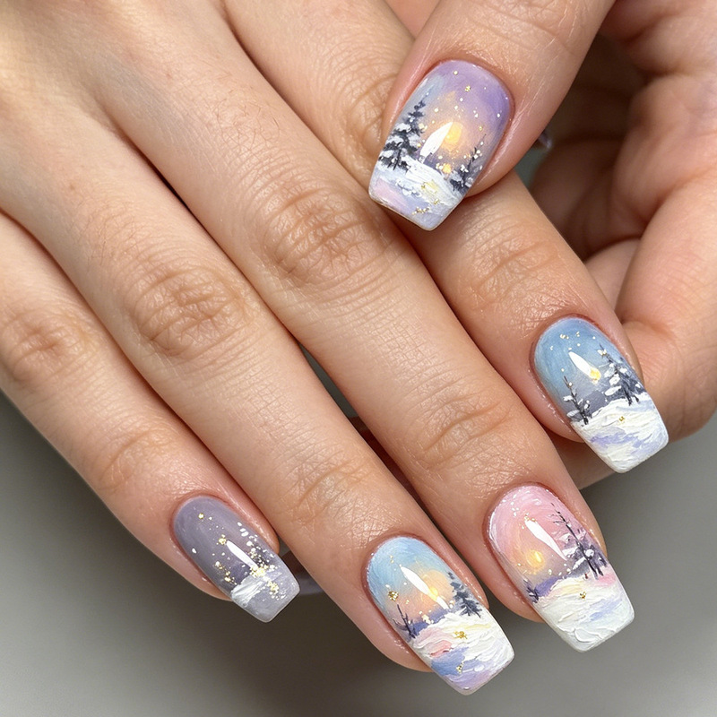 Oil painting texture Christmas snow scene press-on nails, medium-length rectangular nails, hand-painted sunset gradient, detachable finished fake nails Oil painting texture Christmas snow scene press-on nails, medium-length rectangular nails, hand-painted sunset gradient, detachable finished fake nails