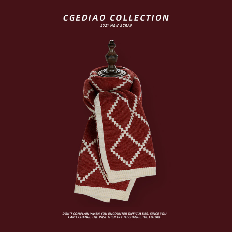 Christmas gift red scarf women's winter Korean-style Plaid all-match warm knitted wool high-grade student scarf
