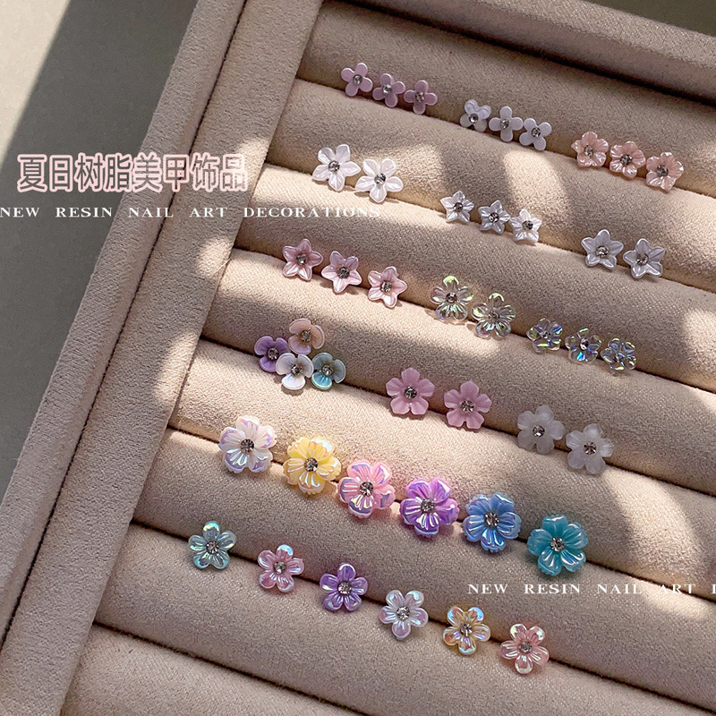 Summer dopamine color three-dimensional diamond five-petal flower resin nail jewelry baroque pearl flower nail drill Summer dopamine color three-dimensional diamond five-petal flower resin nail jewelry baroque pearl flower nail drill