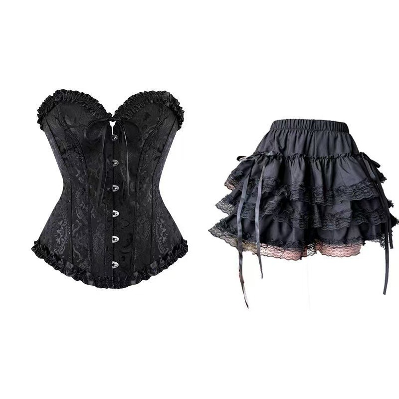 Strapless Fishbone Corset Top with Pleated Lace, Tummy-Control Bridal Shapewear, Black Mesh Skirt — detail image 7