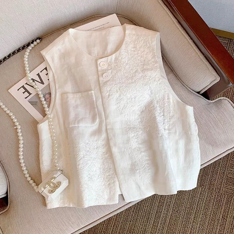 2026 Summer Heavy Embroidery Linen Vest Jacket for Women, Short Sleeveless Vest for Petite Figures