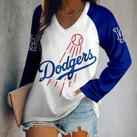 2024新款上新3D印花个性人头字母图片女士长袖V领NFL球队T恤女142