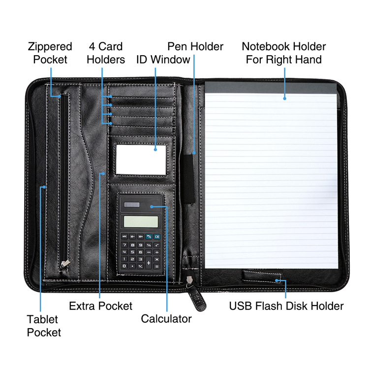 Wholesale Zipper A4 Writing Presentation File Holder Business Pu Product Portfolio with Tablet Holder