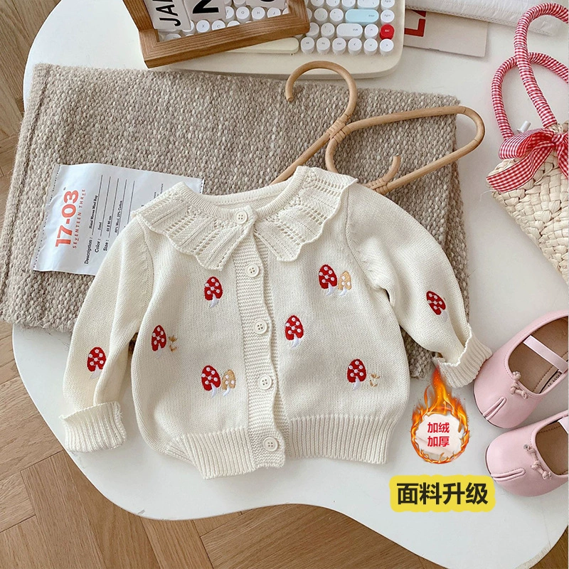 Милая вязаная осенняя кофта, для девочек, джинс, 0-5 лет, корейский стиль, воротник куклы