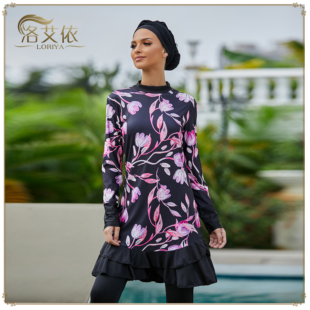 Loriya速卖通亚马逊保守时尚印花款现货分体三件套泳装SW1003|ms