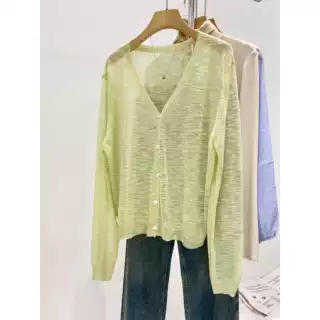 薄款微透竹节麻V领防晒上衣女夏季外搭配吊带松弛感宽松针织开衫