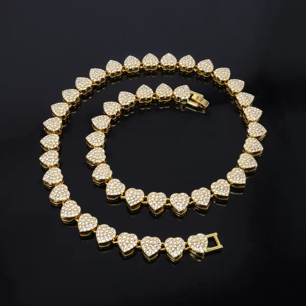 European and American 11mm Heart-Shaped Full Diamond Alloy Necklace for Men and Women, High-End Niche Rap Cross-Border Hip-Hop Style Cuban Chain