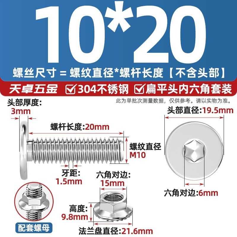 304不锈钢CM大平头超薄头C头扁平头内六角螺丝钉法兰边螺母套装M5|undefined