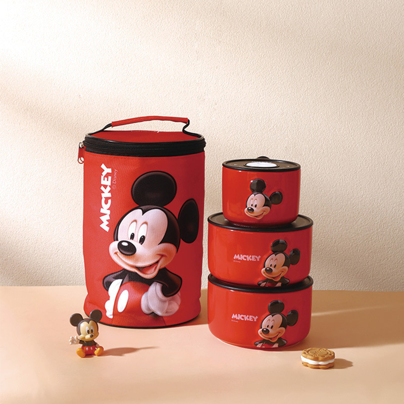 Disney Mickey Ceramic Fresh-Keeping Bowl Three-Piece Set with Lid, Sealed Bowl, Lunch Box for Students and Office Workers, with Thermal Bag