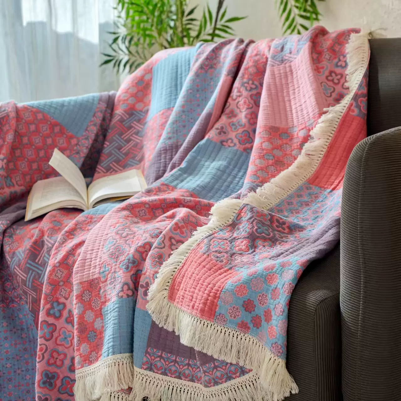 冬季加厚棉麻大提花三层纱布毛毯办公室午睡毯沙发盖毯流苏边毯子