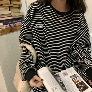 条纹T恤打底衫女2025秋季新款宽松圆领长袖卫衣女韩版上衣服女潮