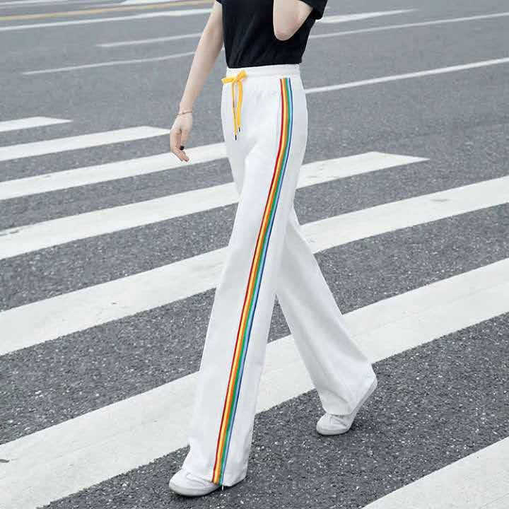 Casual Sports Pants Women's Spring and Summer Thin Side Stripe Rainbow Pendant High Waist Loose Straight Leg Wide Leg Pants White