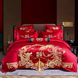 中国风大红色结婚四件套全棉纯棉蕾丝被套少女心床单双人床上用品
