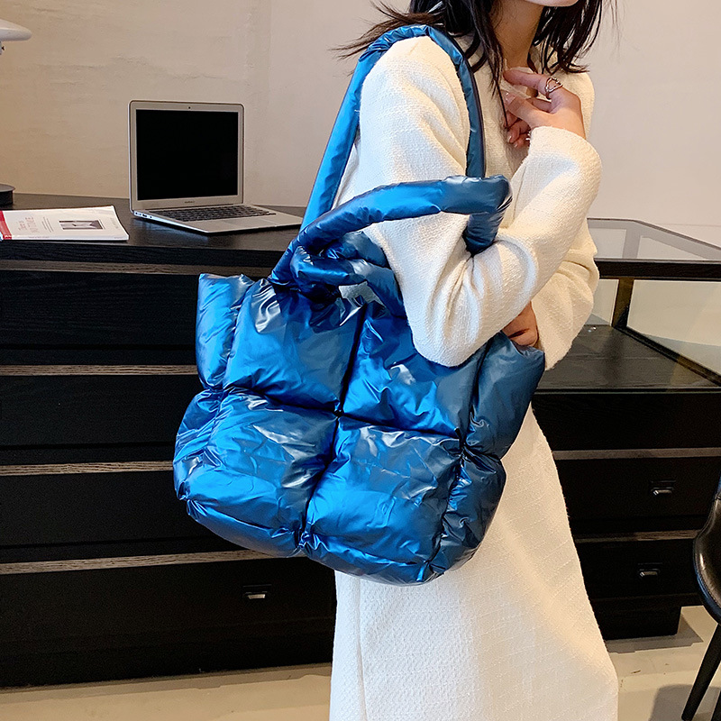 Down Bag Women Fashion Large Capacity Tote Bag High grade Shiny Handbag Simple Checkered Cotton Bag Shoulder Bag_voghion.com