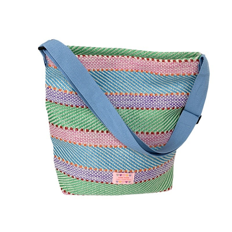 Bolso tejido rojo rojo nuevo estilo de costura de rayas de color en contraste clase bolso de viaje bolso de hombro cruzado bolso de paja