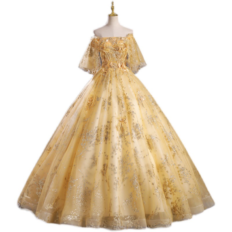Nuevo vestido de noche de las mujeres fuera del hombro champán oro solo pettiskirt estudiante de arte examen rendimiento vestido de la reunión anual del anfitrión vestido