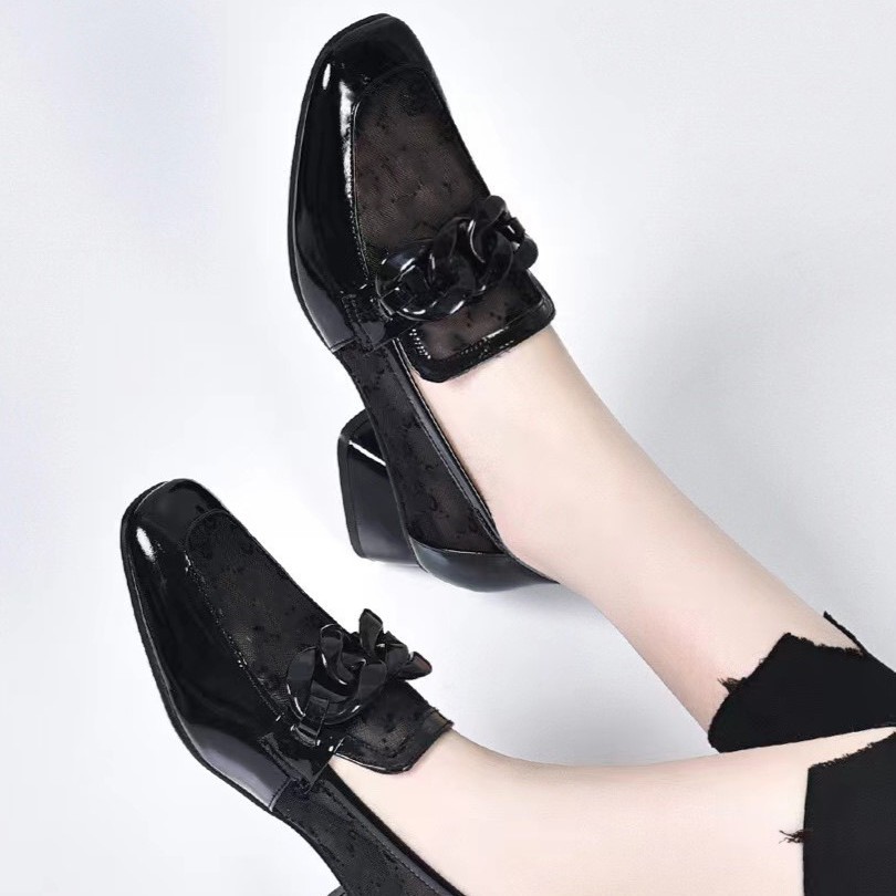 Giày Loafer Nữ Da Thật Đầu Vuông Gót Chunky 3 cm — Lưới đen (gót 3CM)