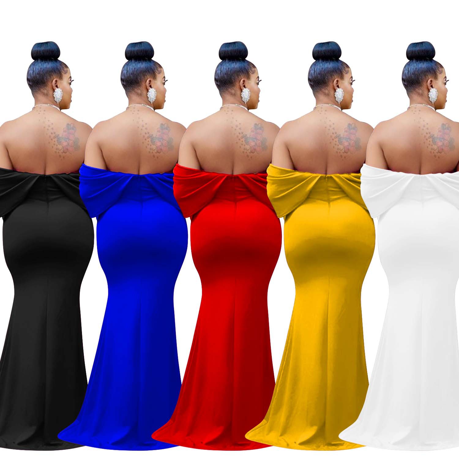 C6587 transfronterizo AliExpress Amazon Europa y América de la moda de las mujeres de color sólido fuera del hombro profundo V sin espalda vestido de cola de pescado image 6