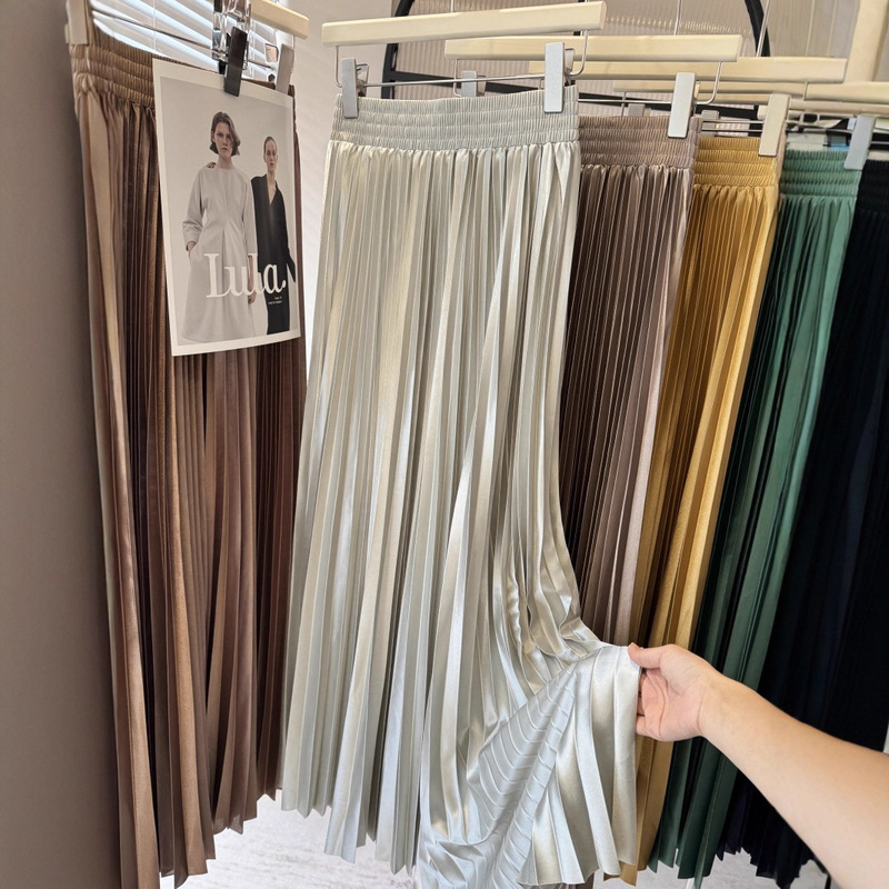 European and American Cross-Border Women's Clothing Amazon Pleated Skirt Drapey Metallic Large Hem Pleated Skirt Spring and Summer Long Skirt