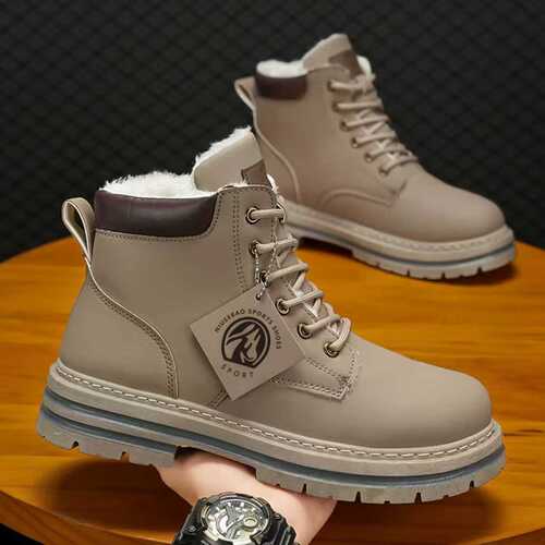 Men's Martin Boots Autumn New Fleece Lined Thick Outdoor Work Boots British Style Retro Yellow Leather Boots for Men