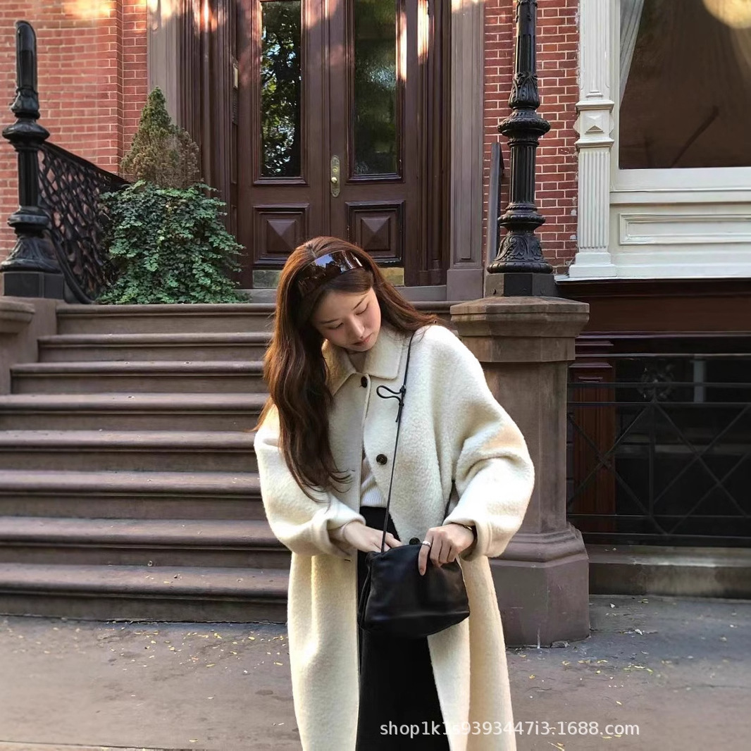 한국 동대문 온스 울 알파카 울 롱 코트 심플하고 우아한 라펠 모직 코트 여성용