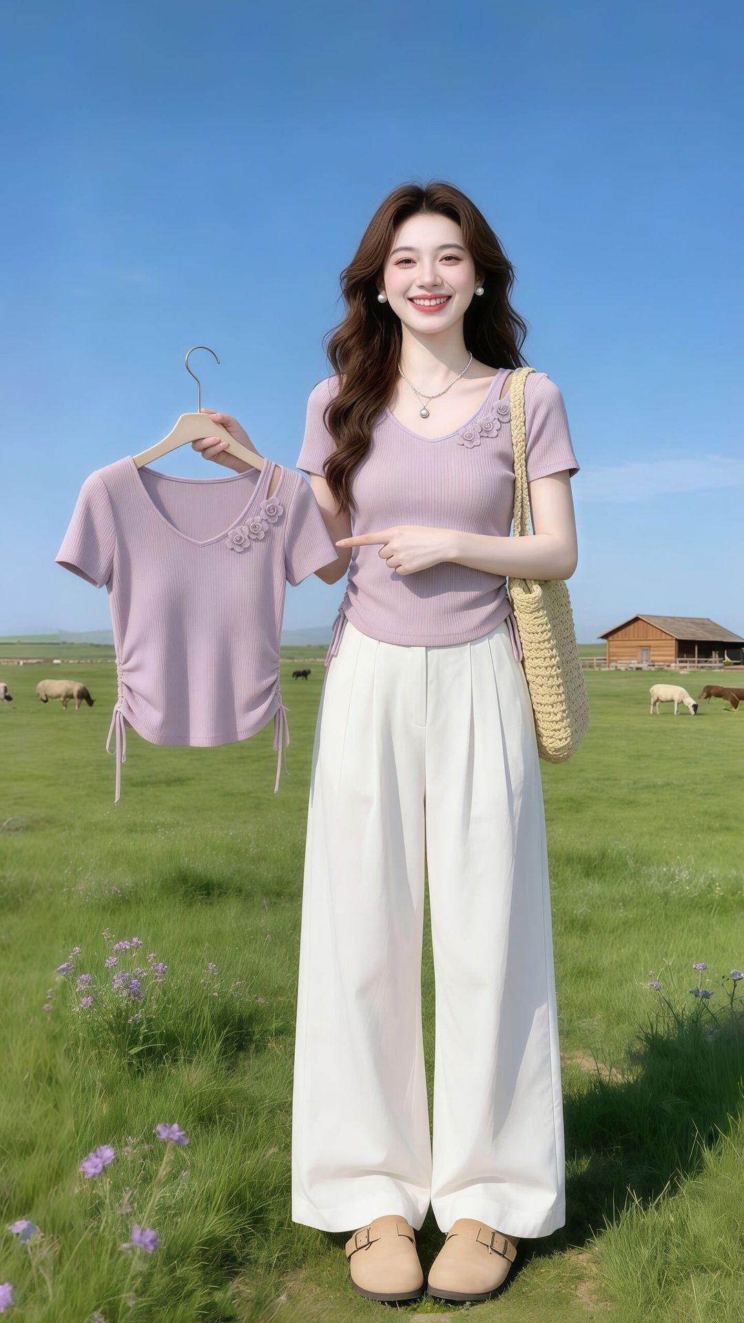 Áo thun nữ cổ V tay ngắn họa tiết hoa nổi 3D thắt eo dây rút — màu tím chi tiết 1