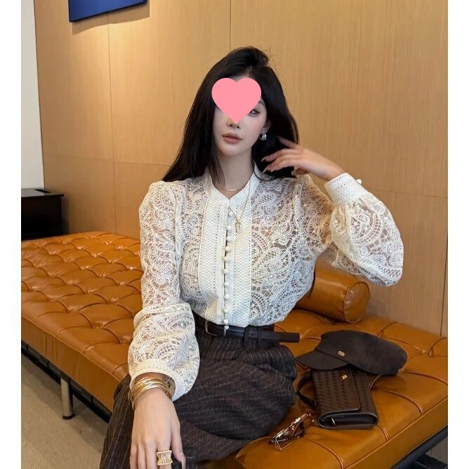 法式小香风单排扣甜美镂空钩花长袖蕾丝衫女2025秋季新款时尚上衣|undefined