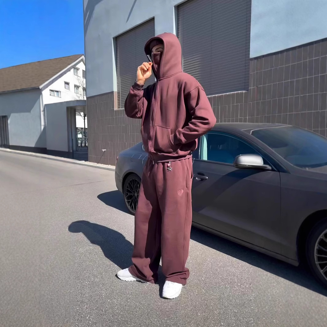 2025 tendencia estadounidense color sólido cuello alto otoño e invierno marca de moda personalidad sudadera con capucha simple cárdigan suéter traje hombres y mujeres